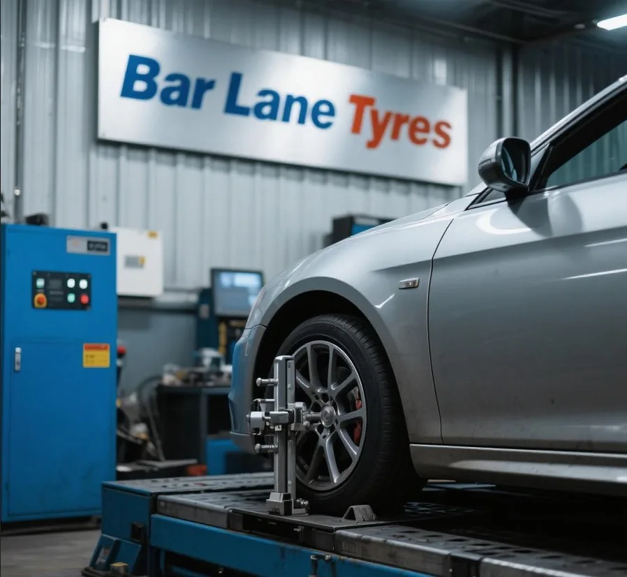 Bar Lane Tyres – car on wheel alignment ramp in Nottingham