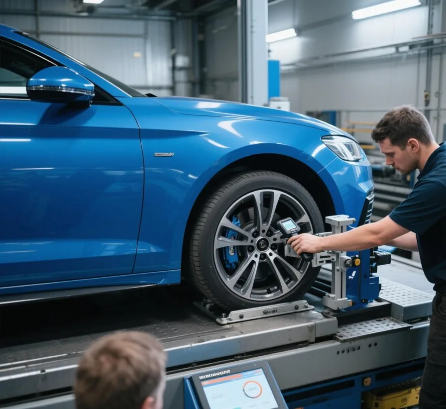 Four-wheel laser alignment in progress