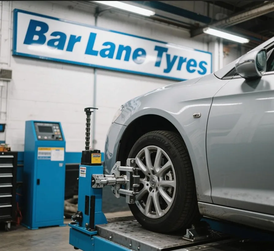 Vehicle on ramp with alignment targets fitted